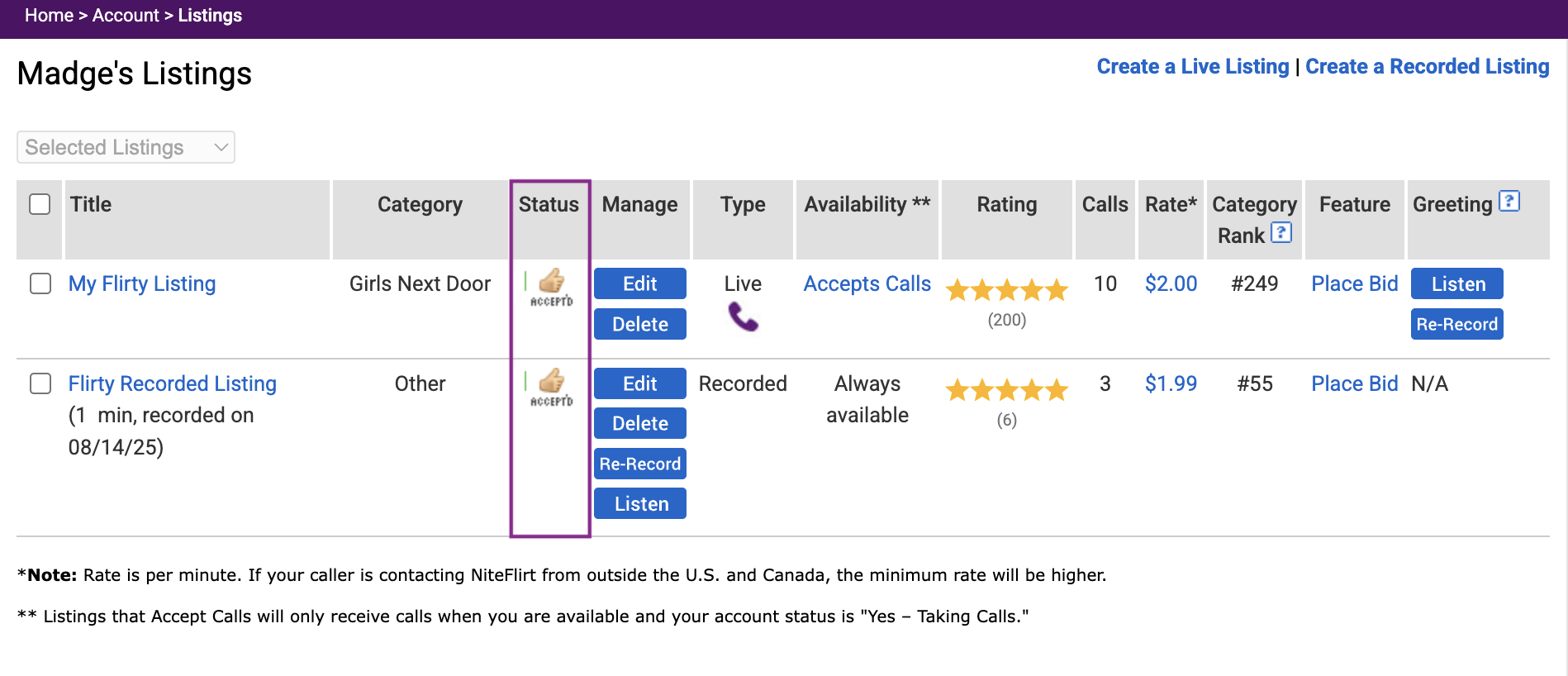 Listings status column