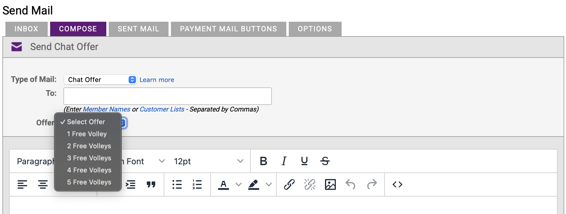 Composing a Chat Offer with free chat volleys