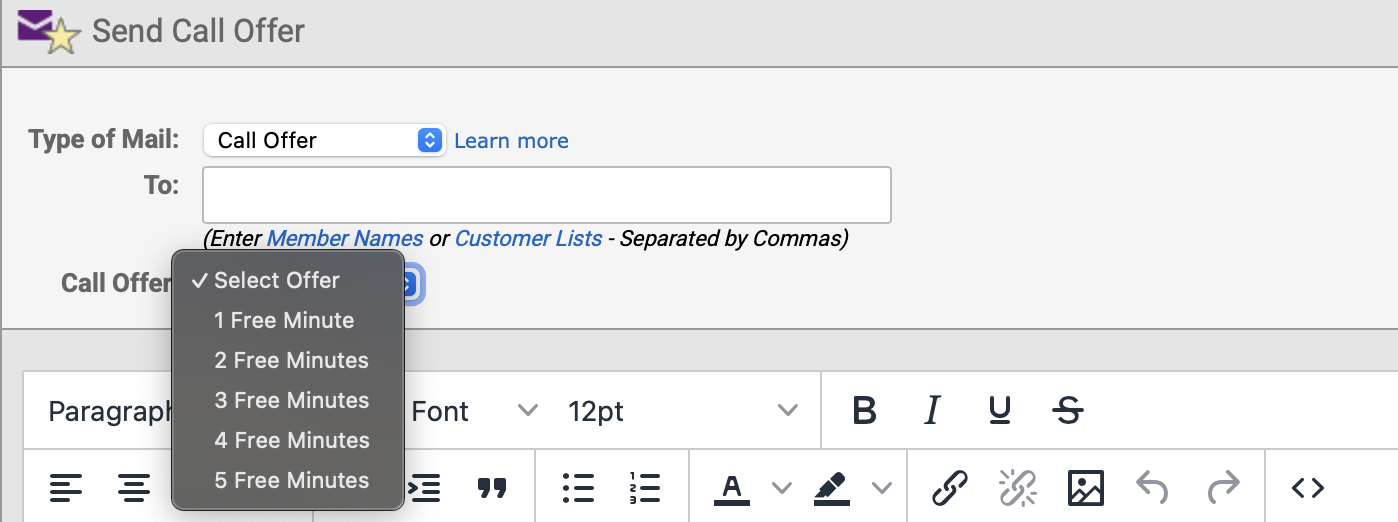Composing a Call Offer with free call minutes