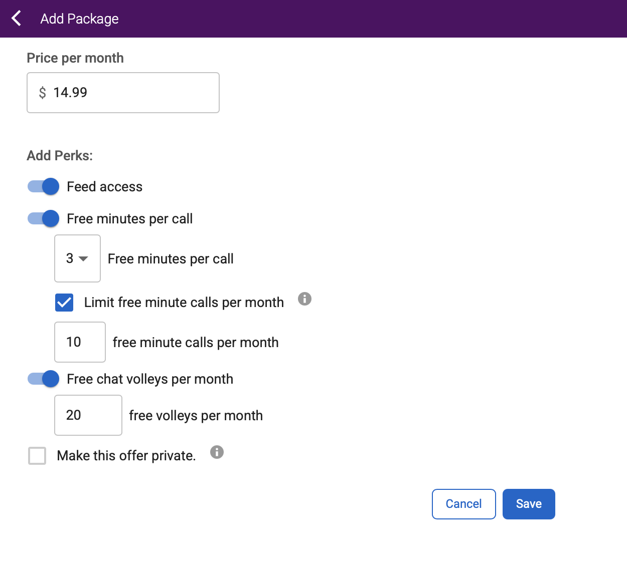 Package perks configuration form