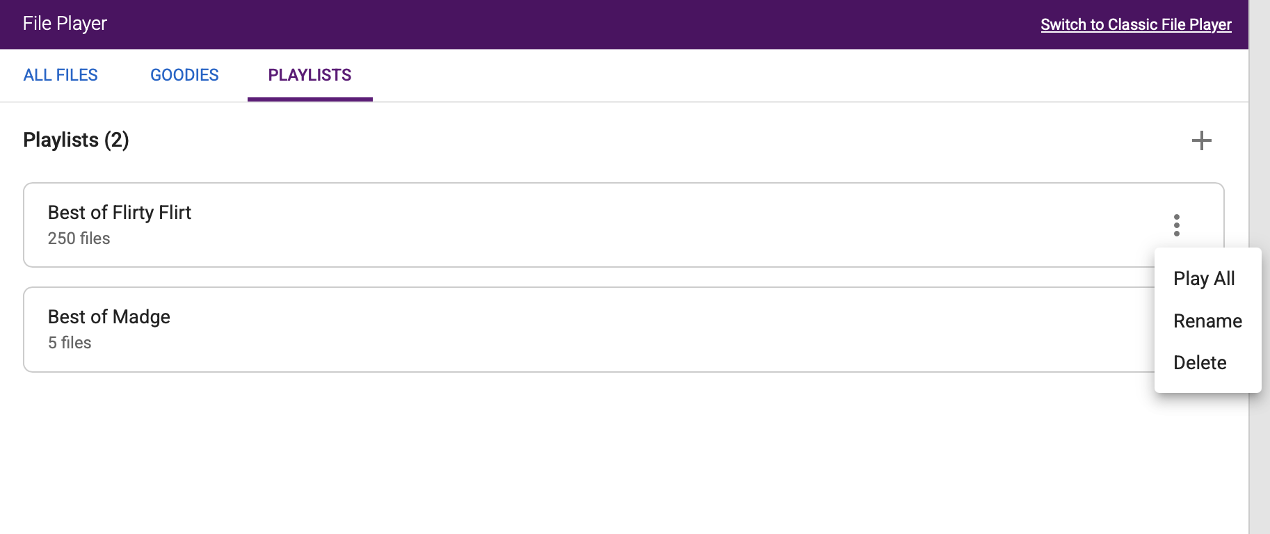 Playlist section and management menu