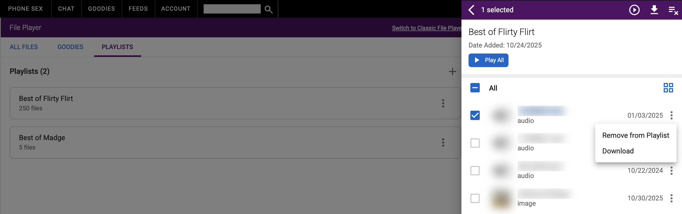 Playlist section and management menu