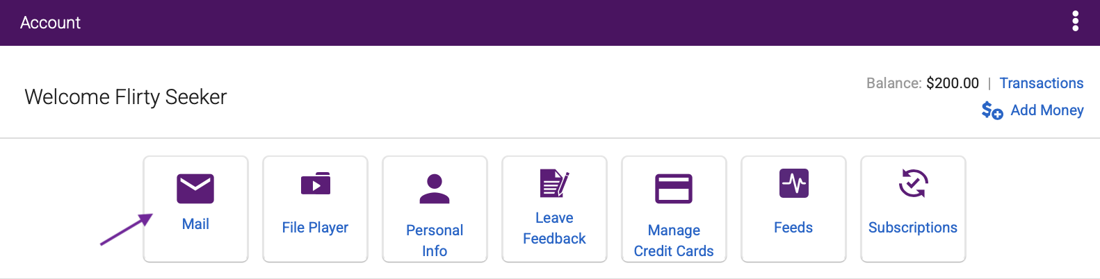 Mail icon in the Account Control Center