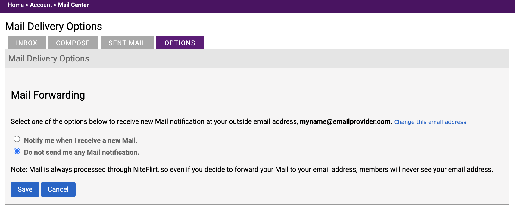 Mail Delivery setting set to Do not send notifications