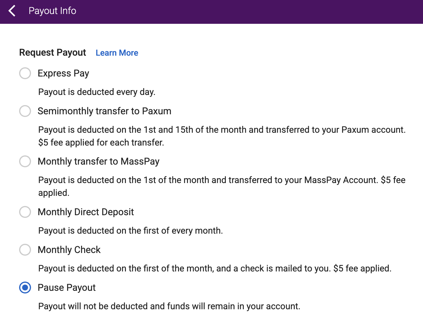 Payout preference selection