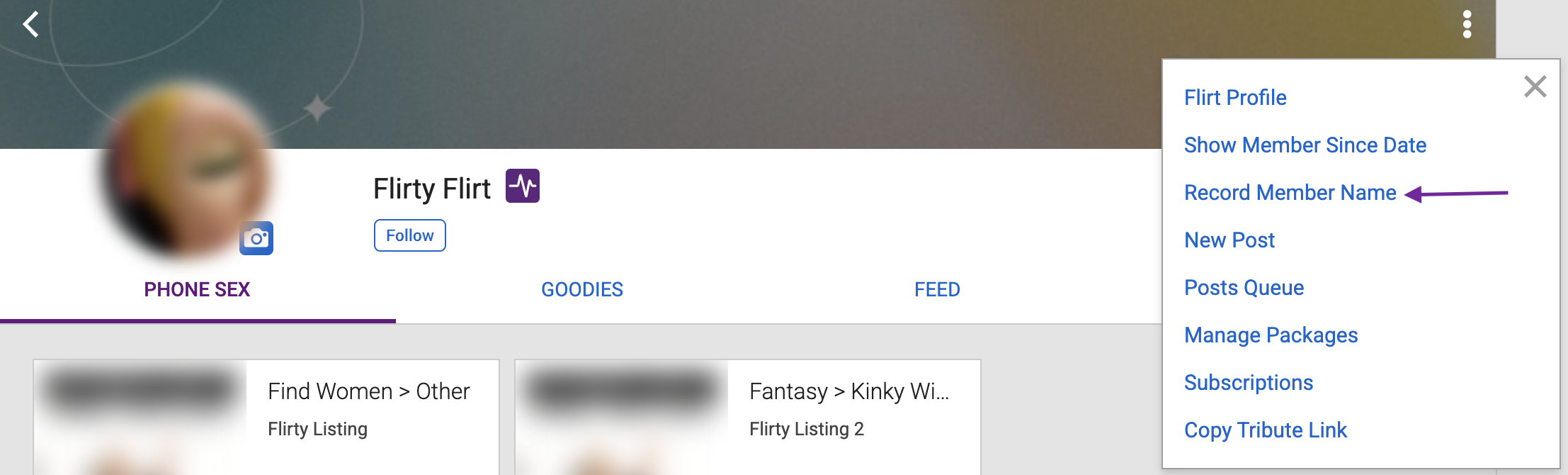 Storefront menu showing Record Member Name