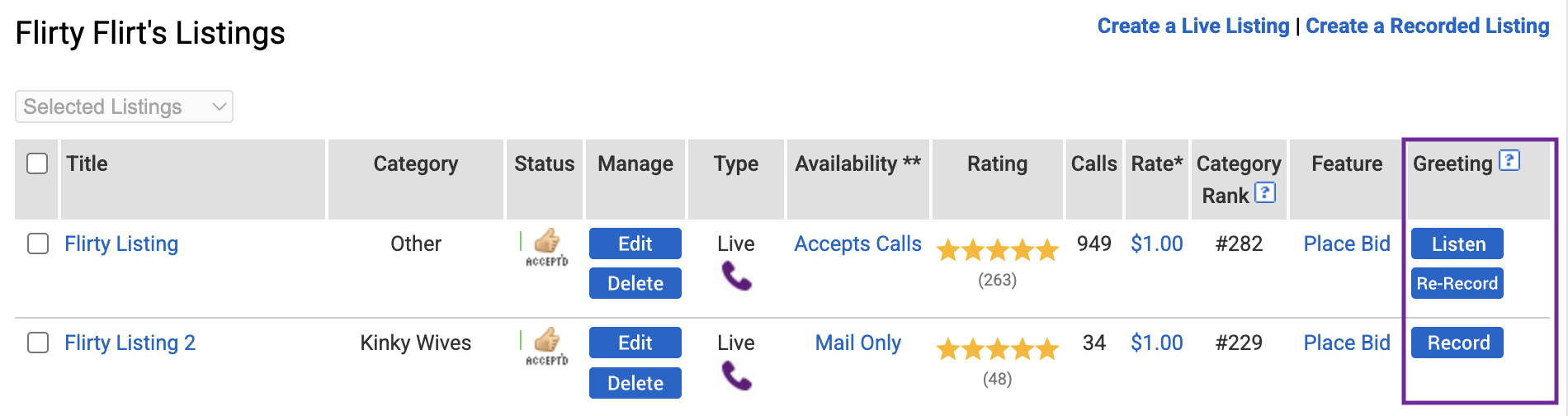 Account Listings page showing Greetings column and Record button