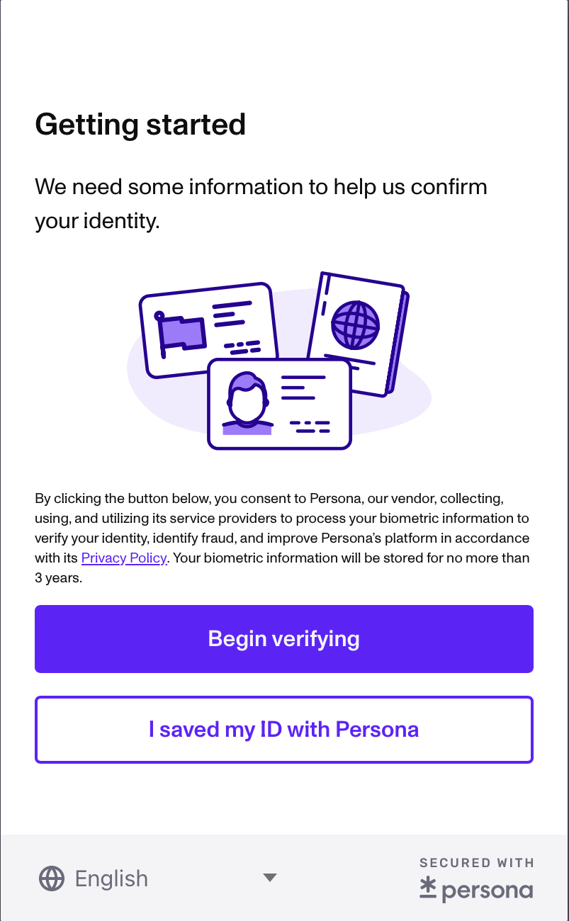 Getting started verification screen