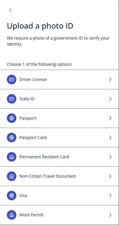 Upload ID type selection screen