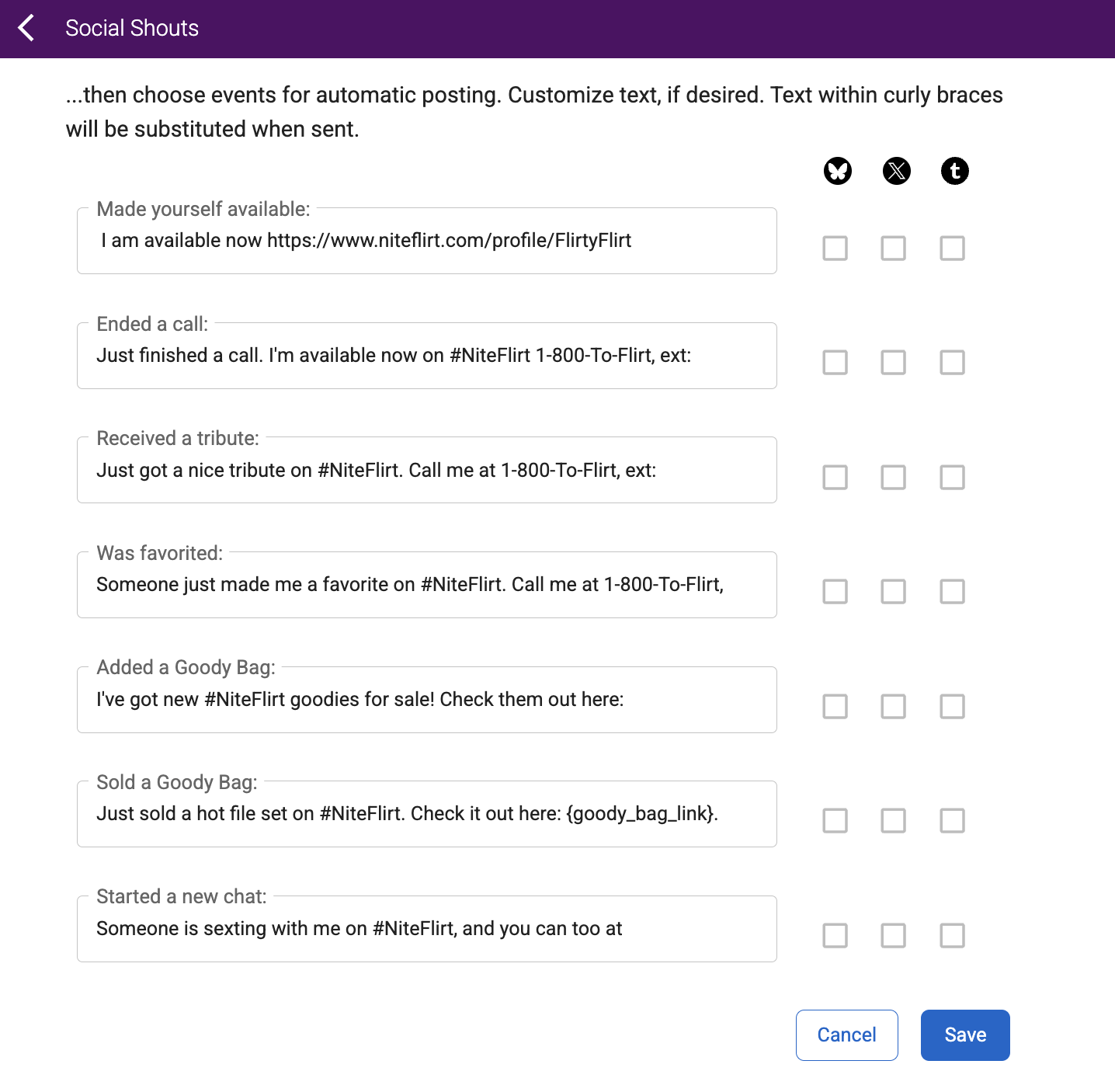 Social Shouts event settings