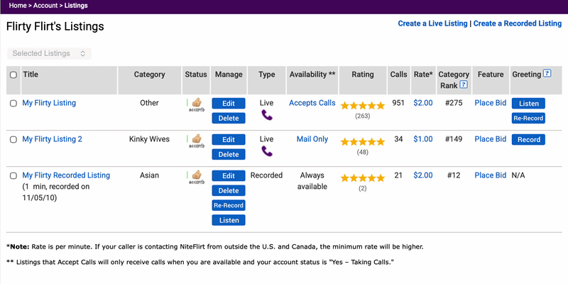 Selected Listings menu
