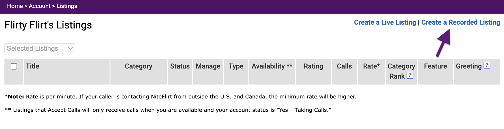 Create Recorded Listing button