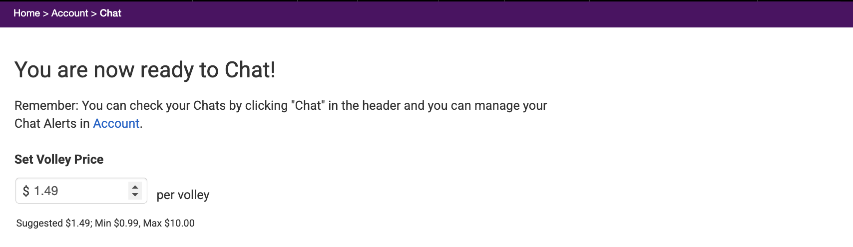 Set Volley Price section on Chat Card page