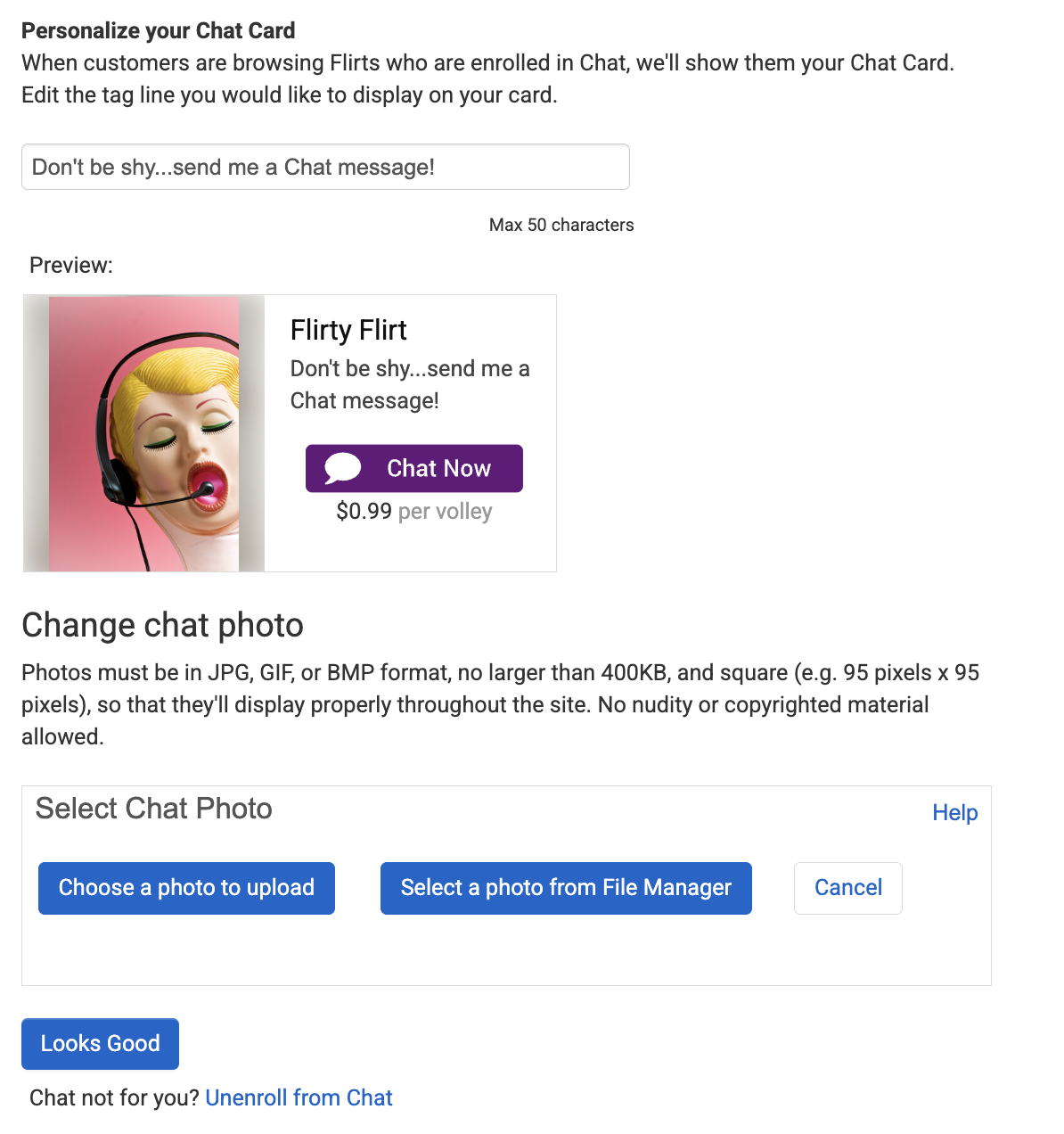 Chat Card personalization section with preview
