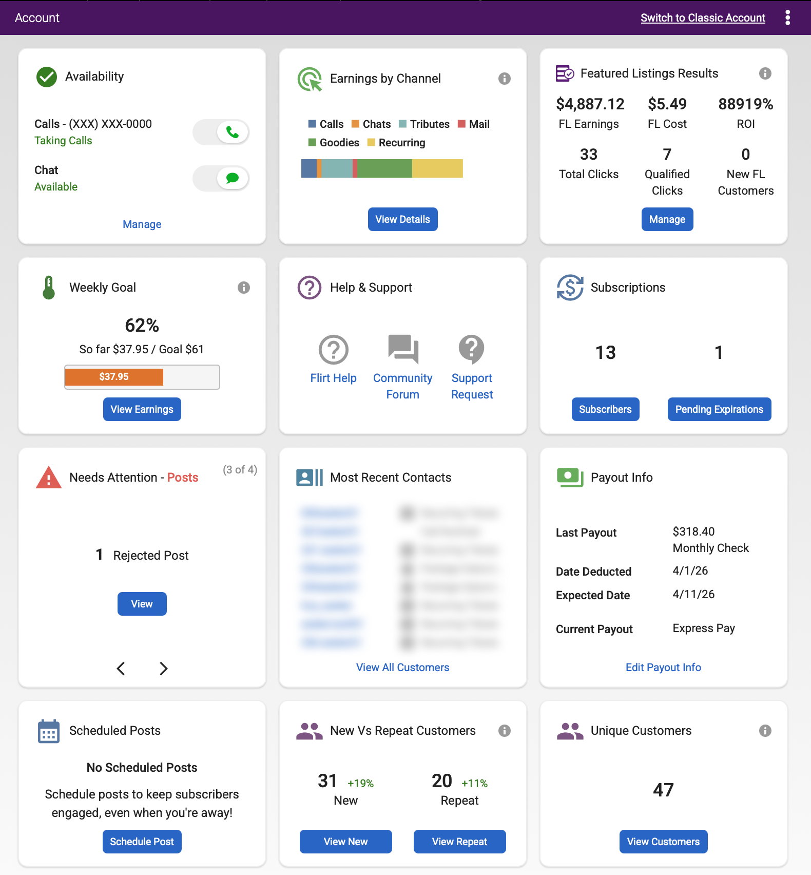 Account widgets view