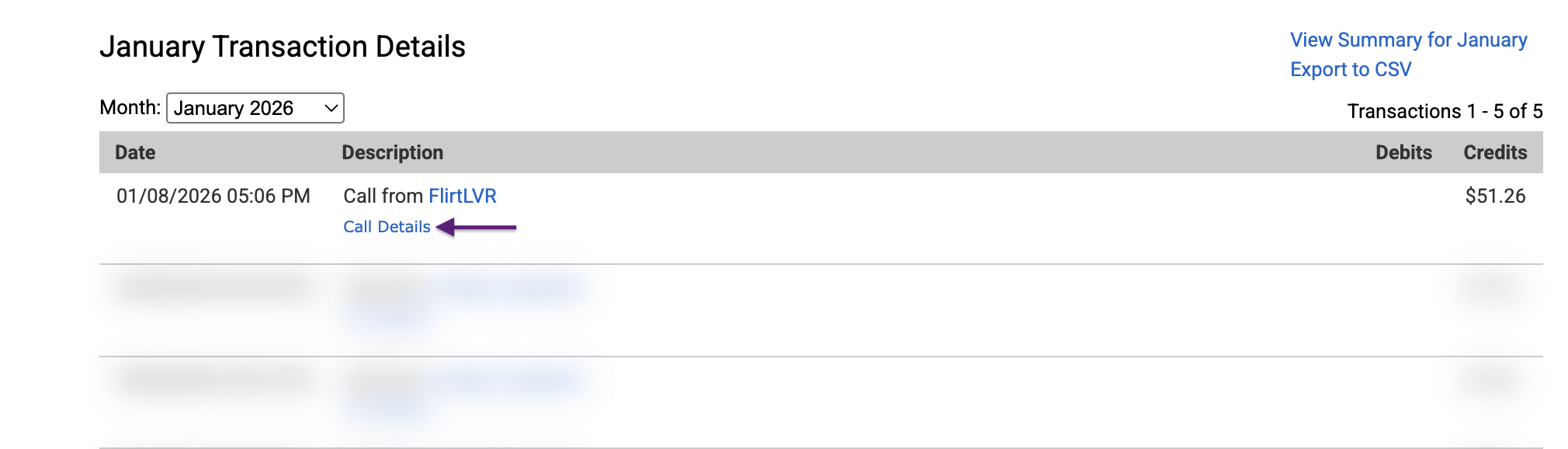 Call Details from Transaction
