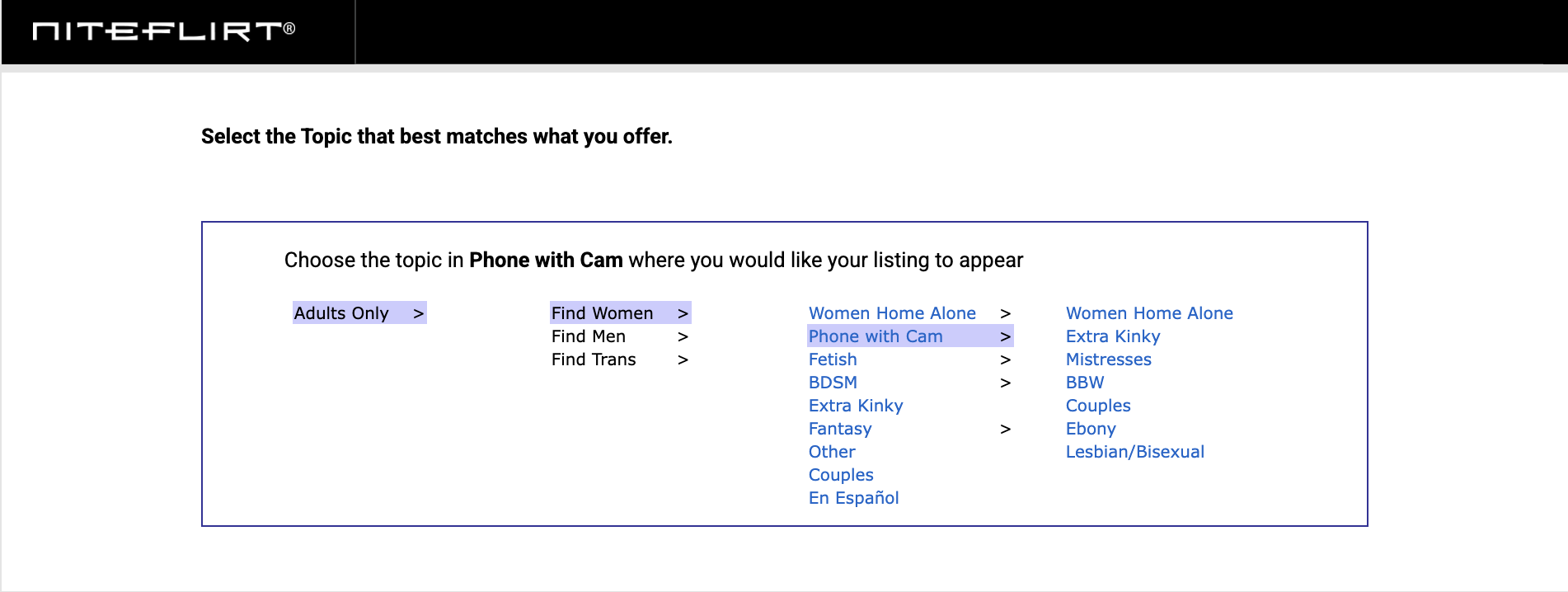 Topic selection screen