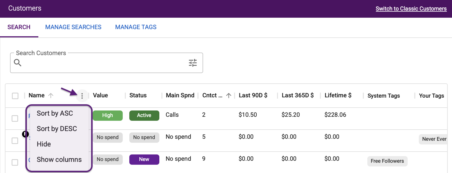Column kebab menu options