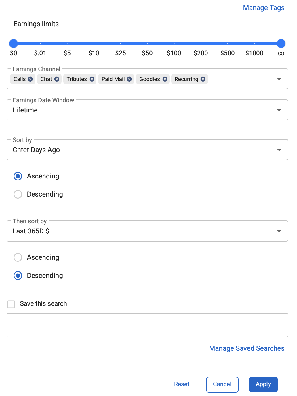 Advanced Filtering earnings and sort options