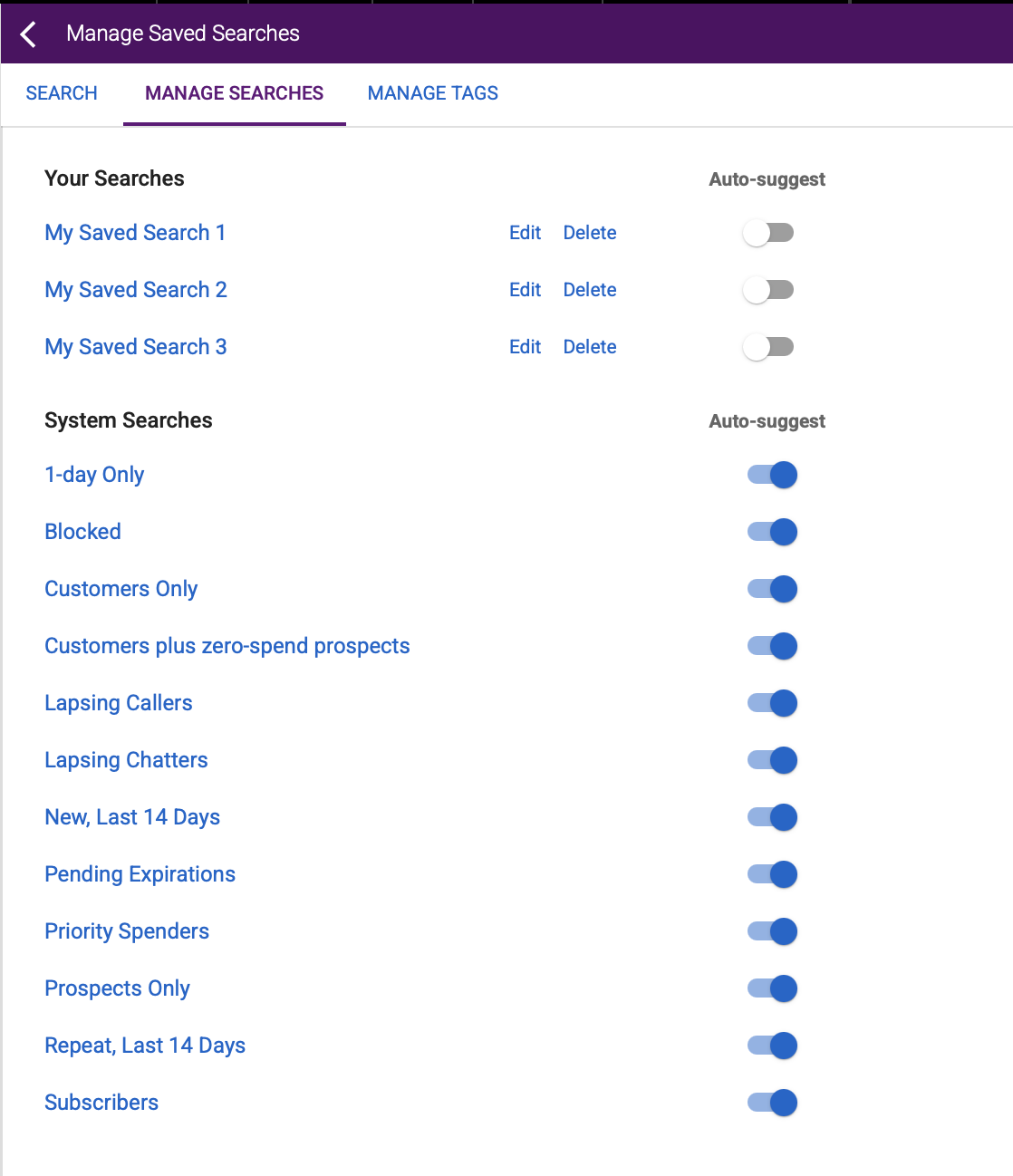 Manage Searches auto-suggest settings