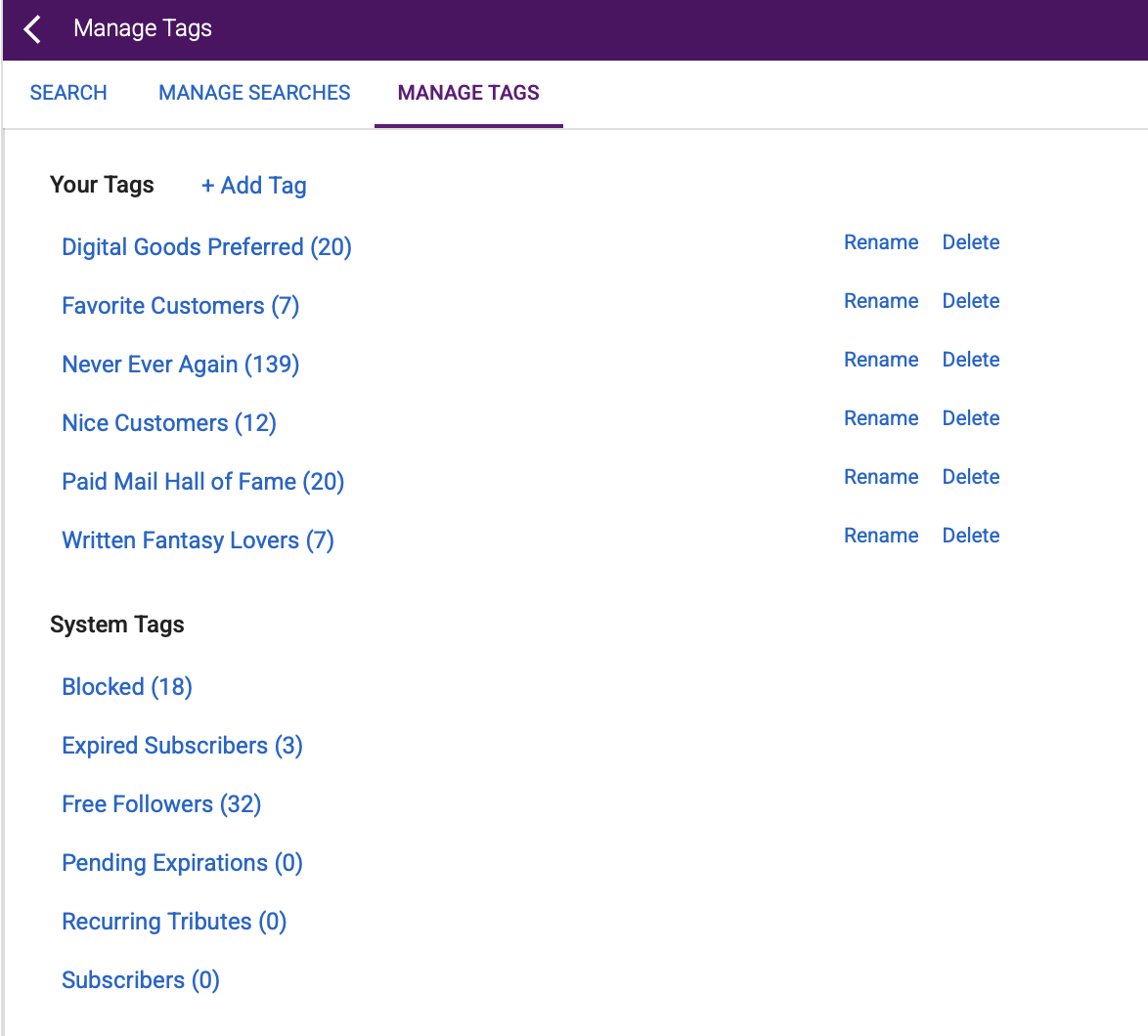 Manage Tags page