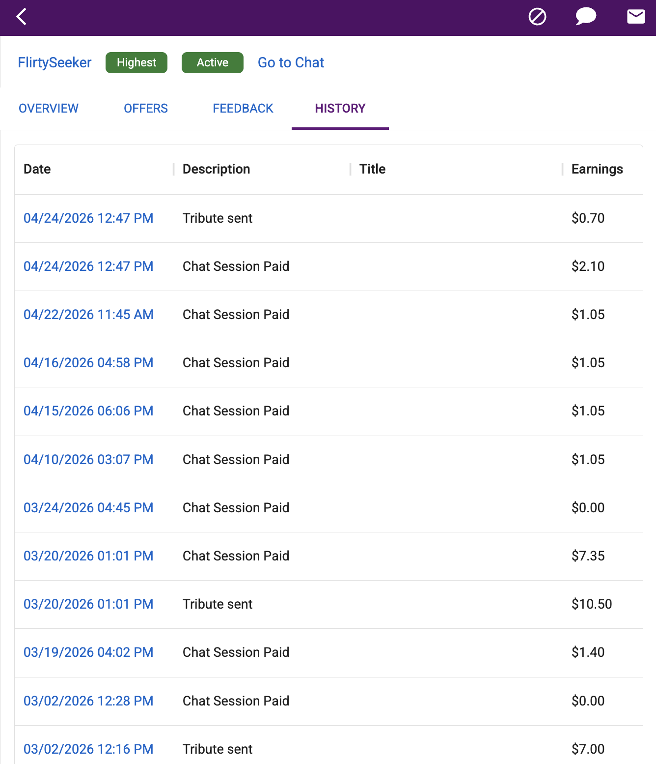 Customer History tab