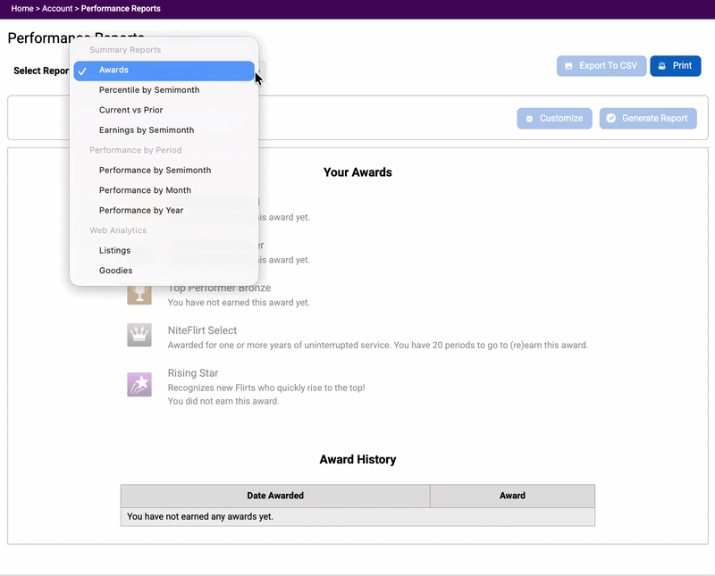Performance Reports menu options