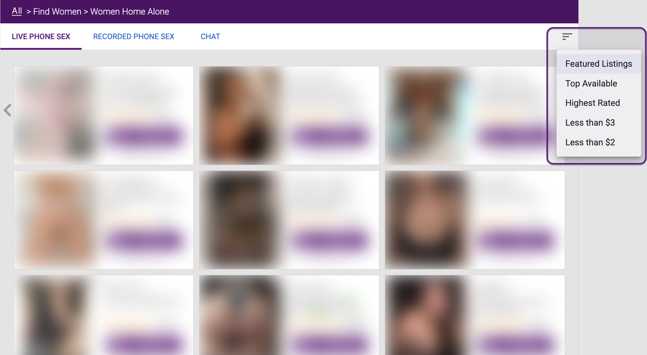 Listing sort options menu