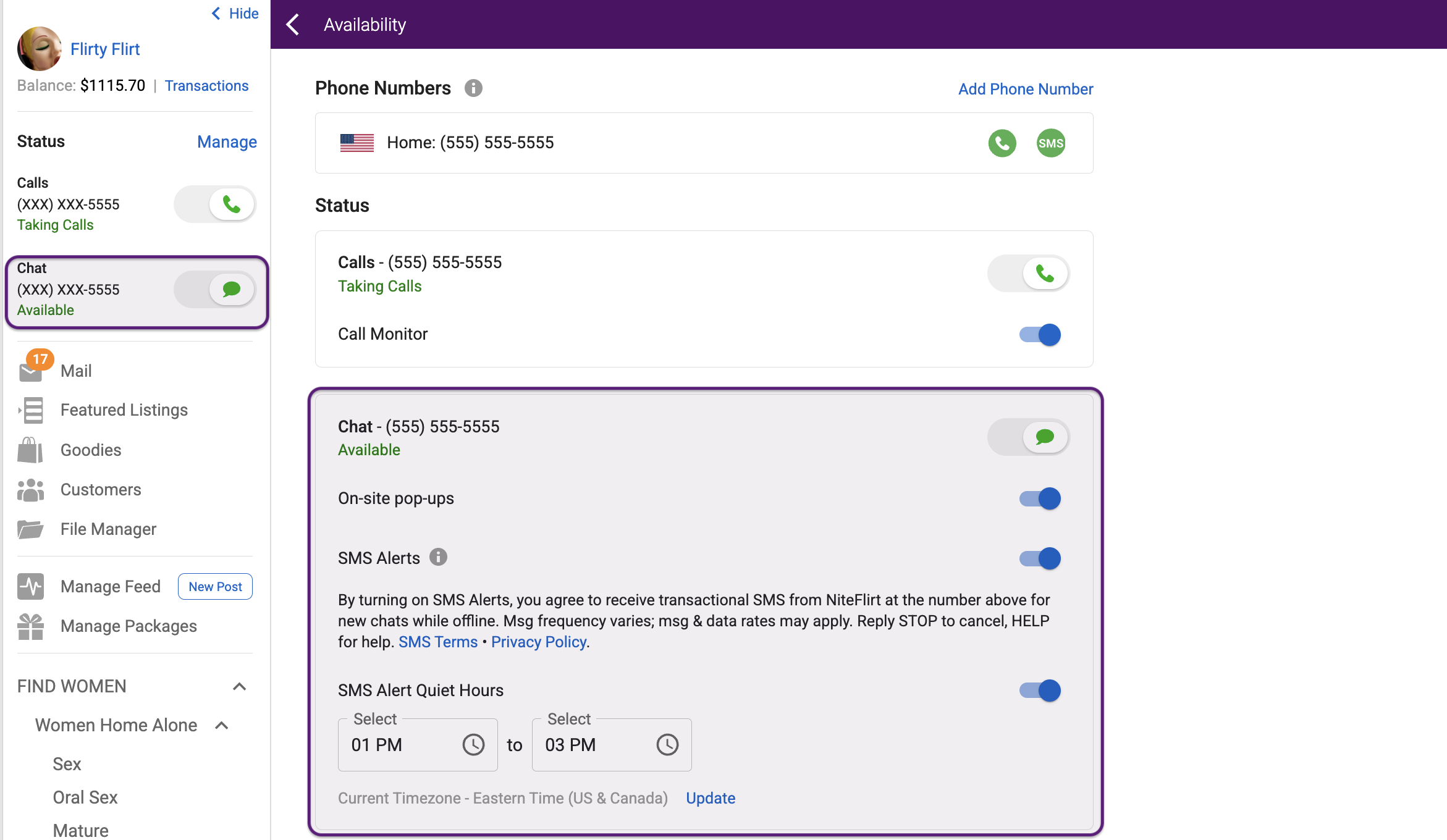 Chat Status Section of Left Nav and Availability Page