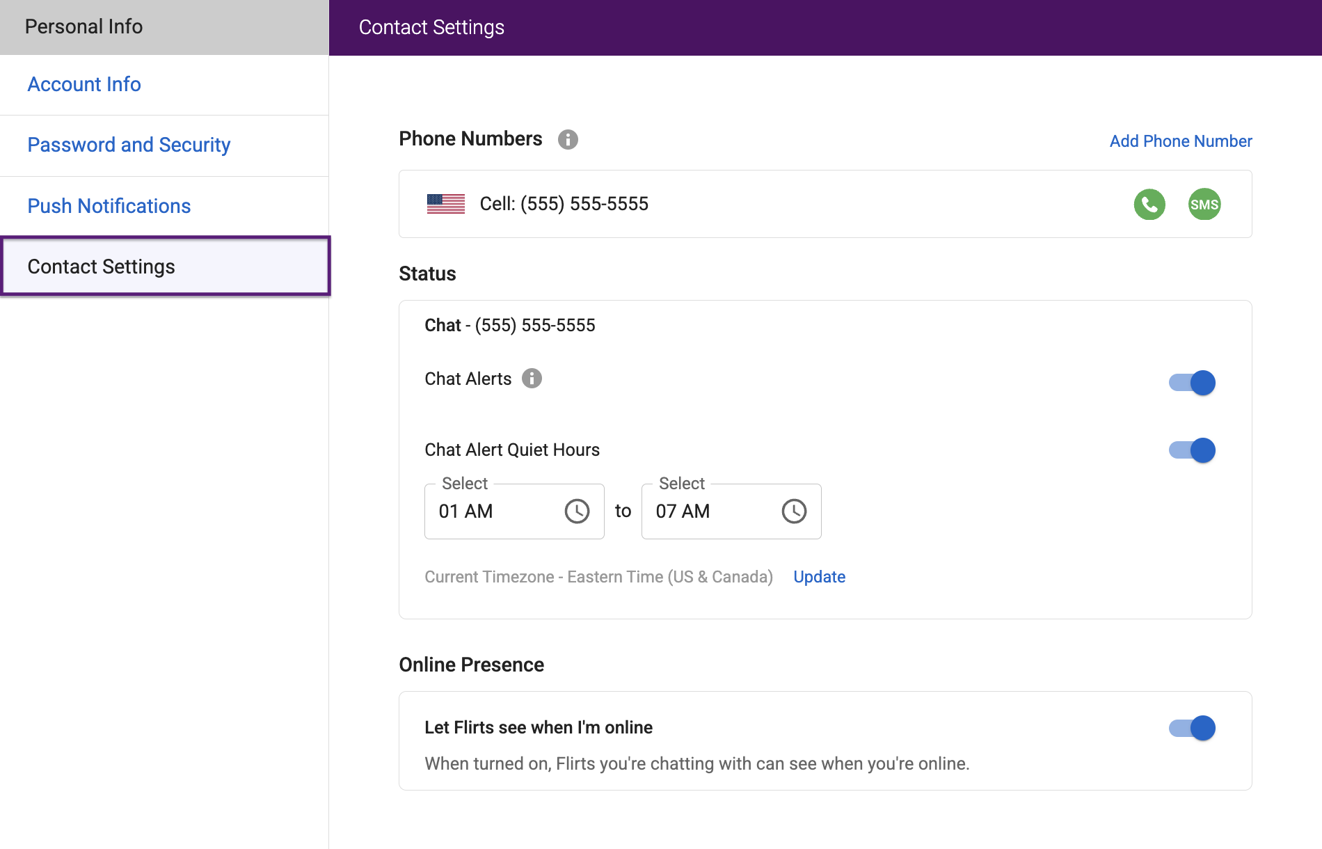 Contact Settings with Chat Alerts and Online Presence