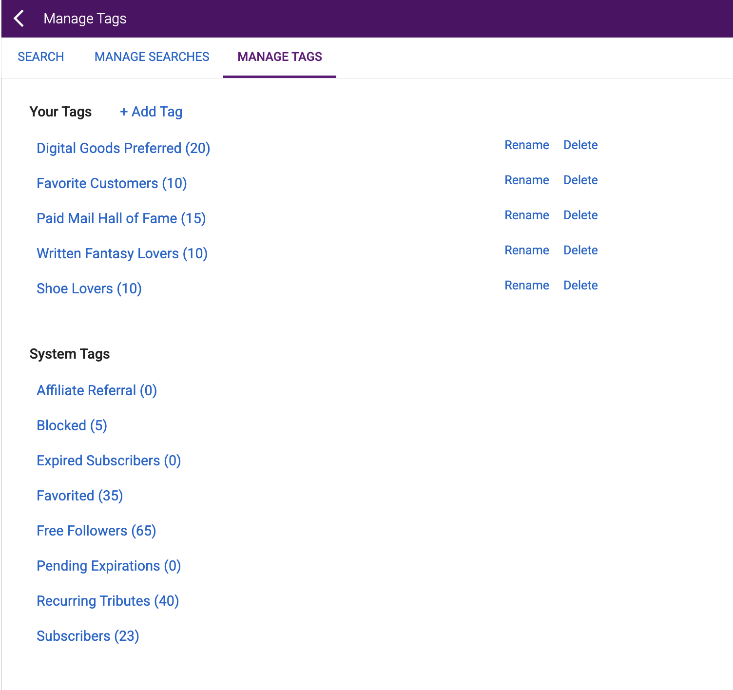 Manage Tags page