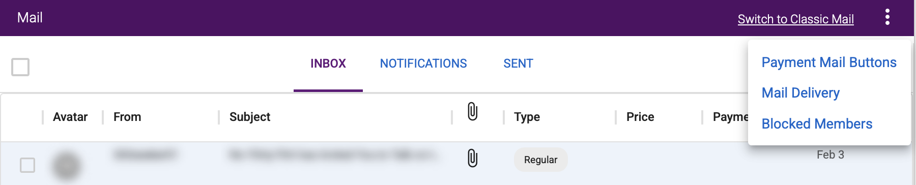 Mail Center settings menu