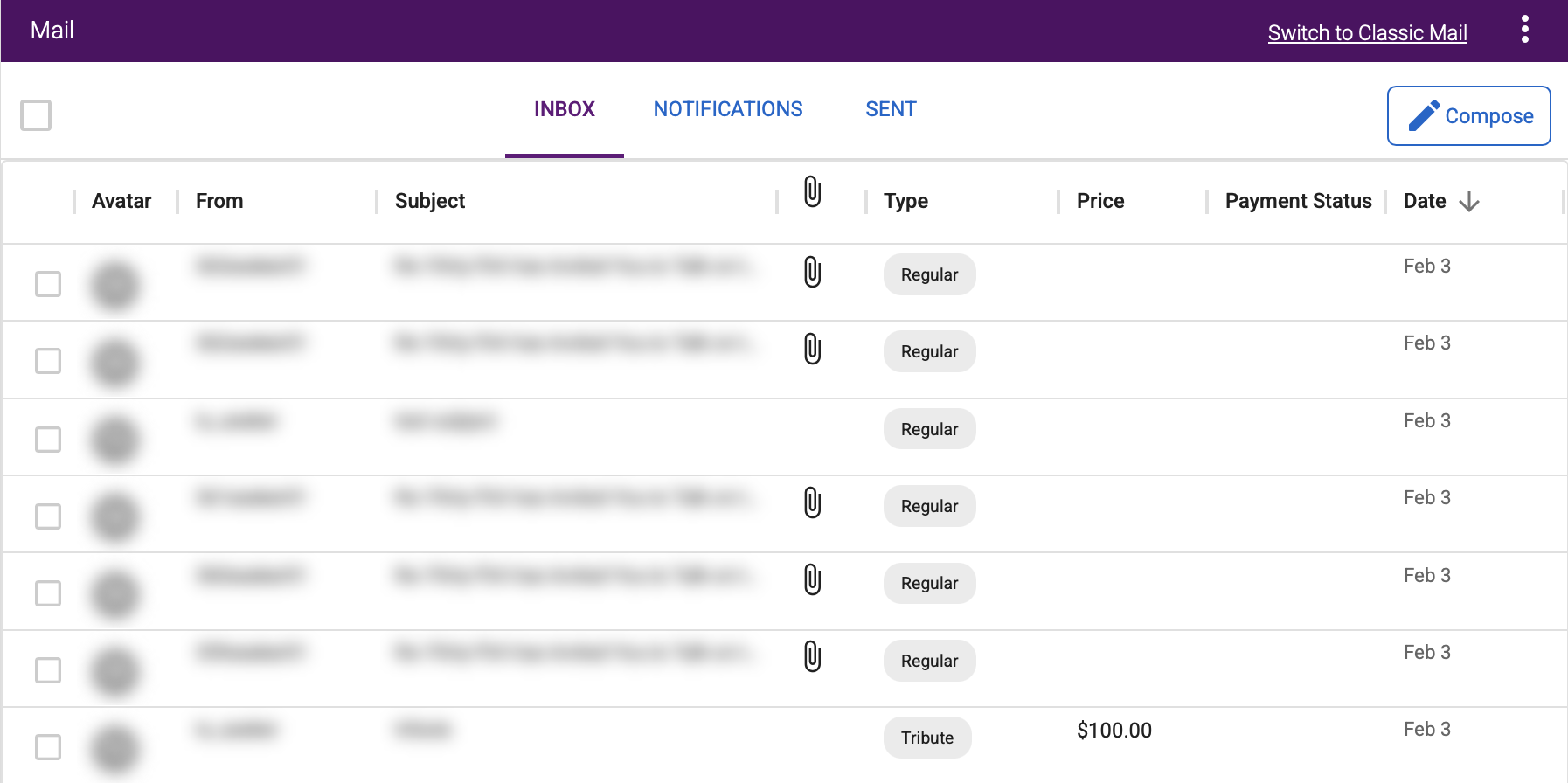 NF Mail Center with Inbox, Notifications, and Sent tabs