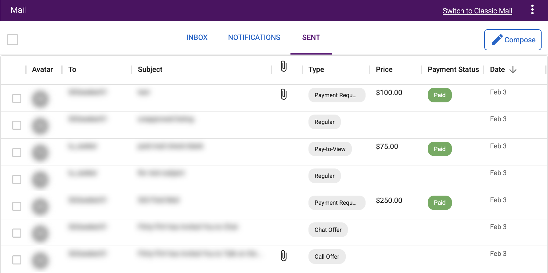 NF Mail Sent tab with Payment Request example