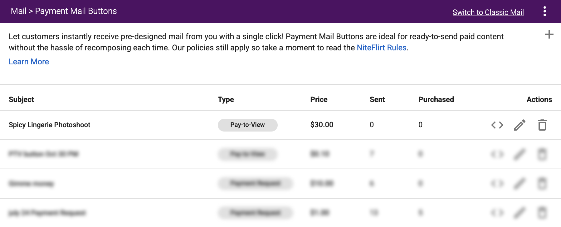 Payment Mail Buttons dashboard