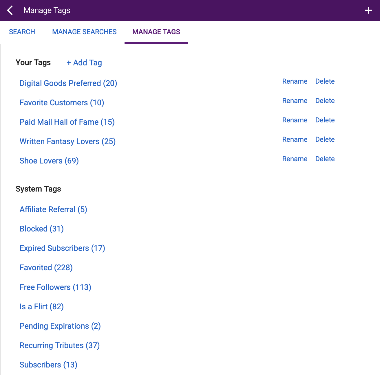 Manage Tags page