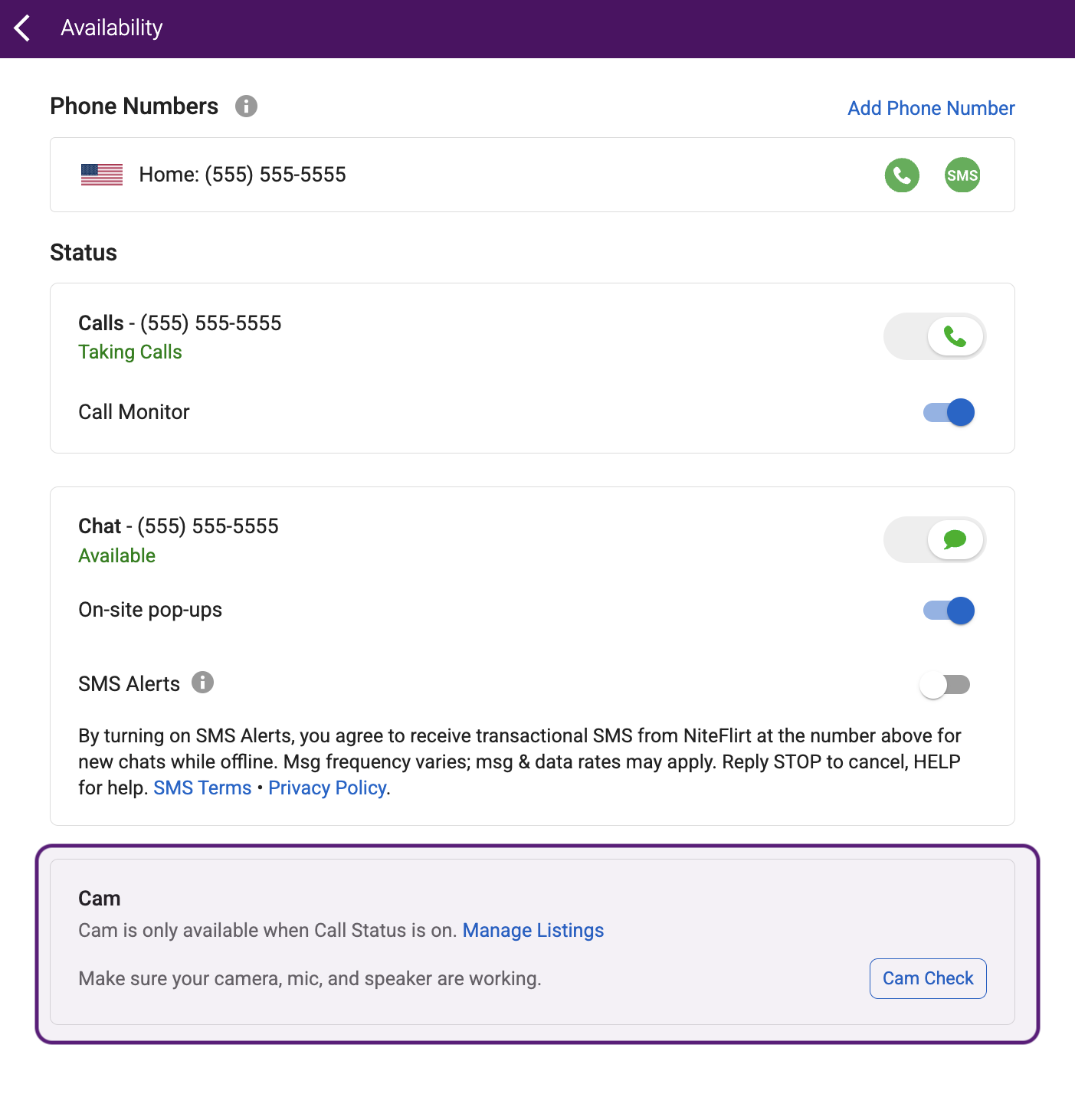 Cam Check button on the Availability page