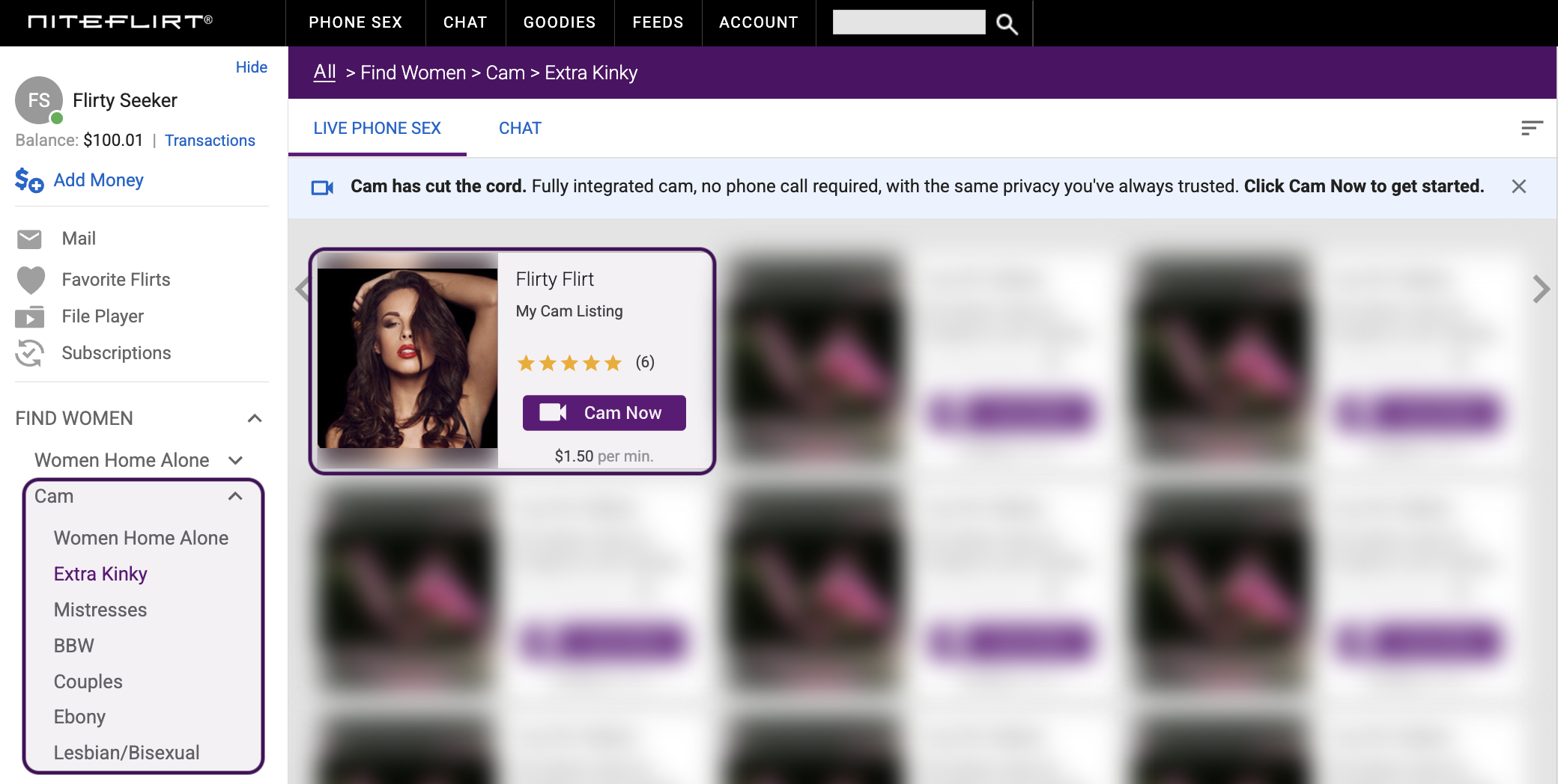 Available Cam Listing showing the Cam Now button
