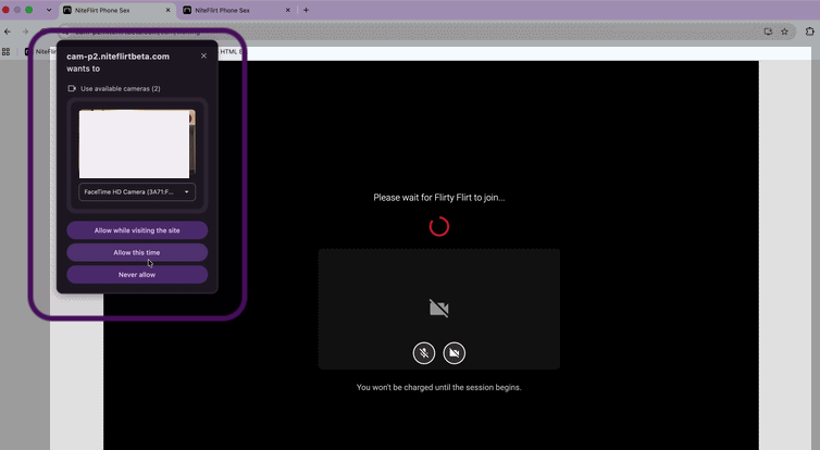 Allowing NiteFlirt to access the camera and microphone