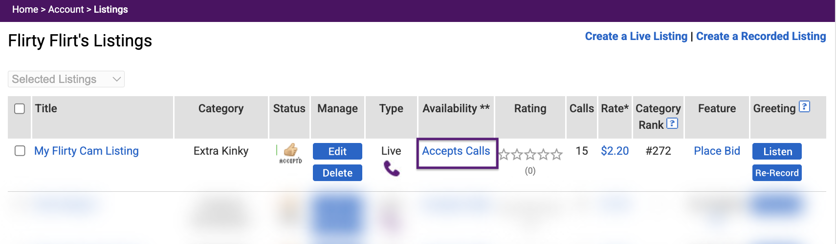 Cam Listing Availability set to Accepts Calls