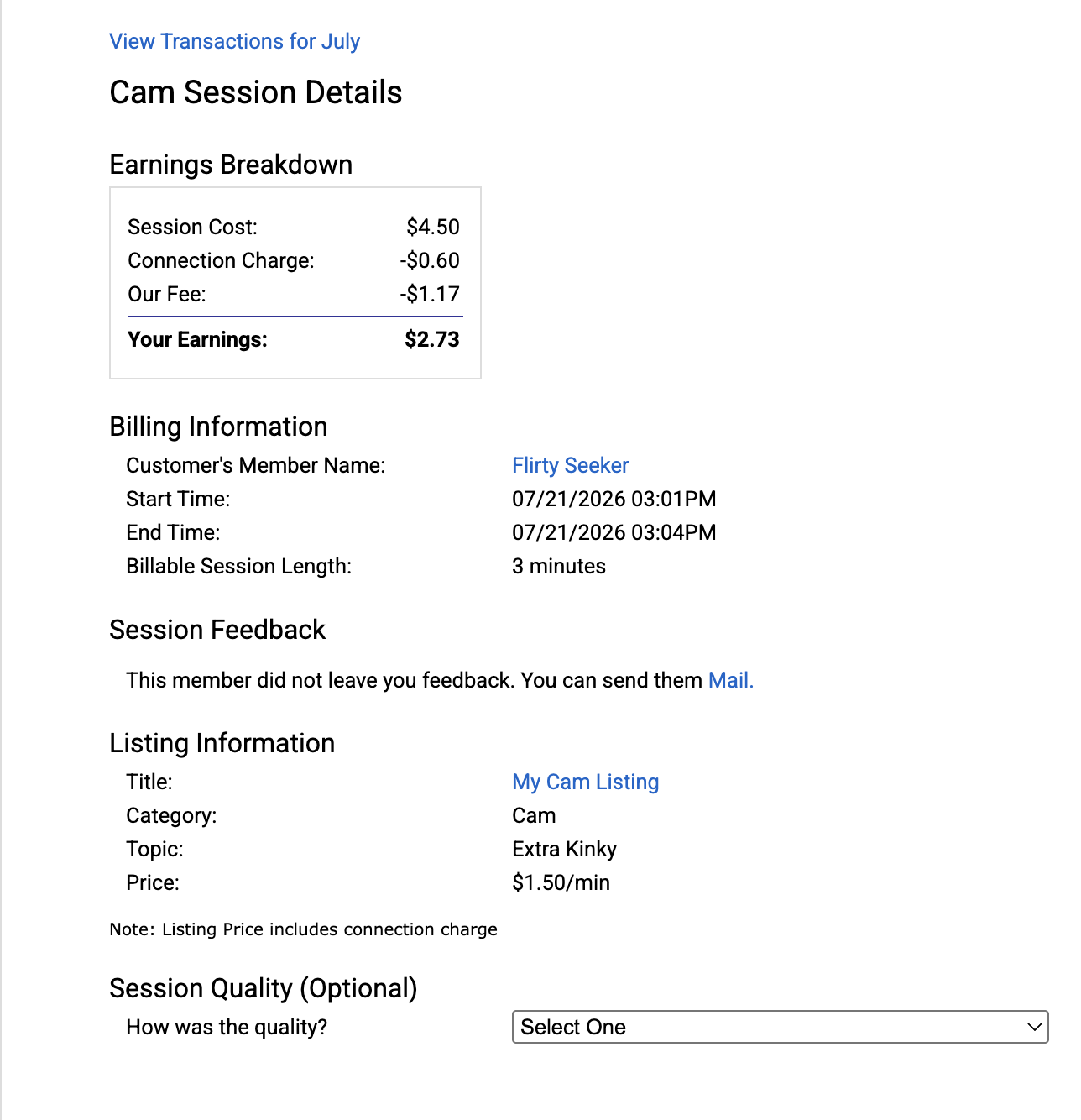 Cam Session Details page