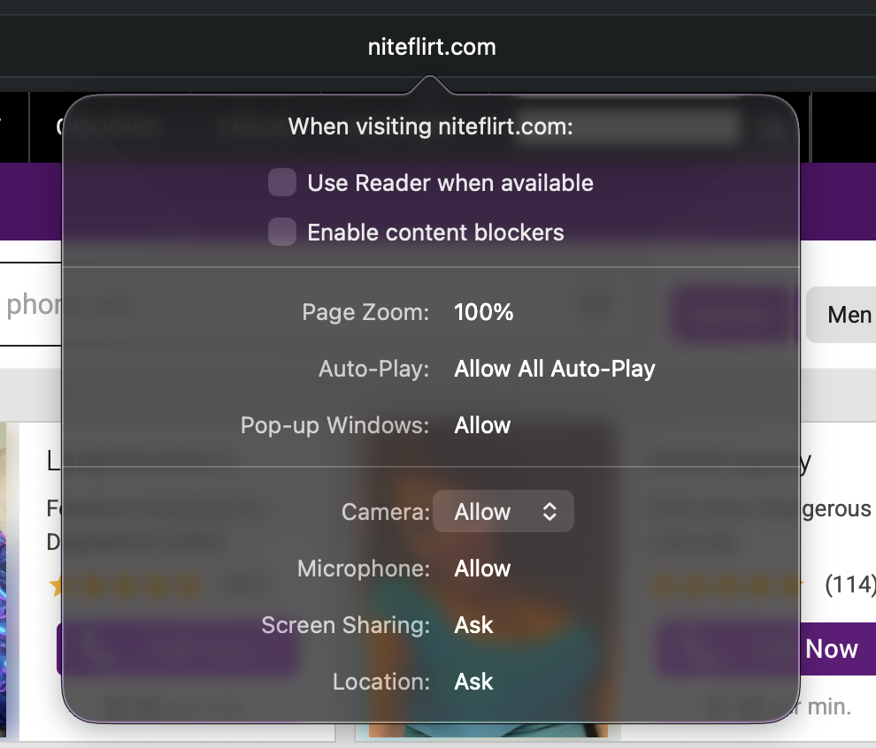Safari Allow Camera and Microphone Settings