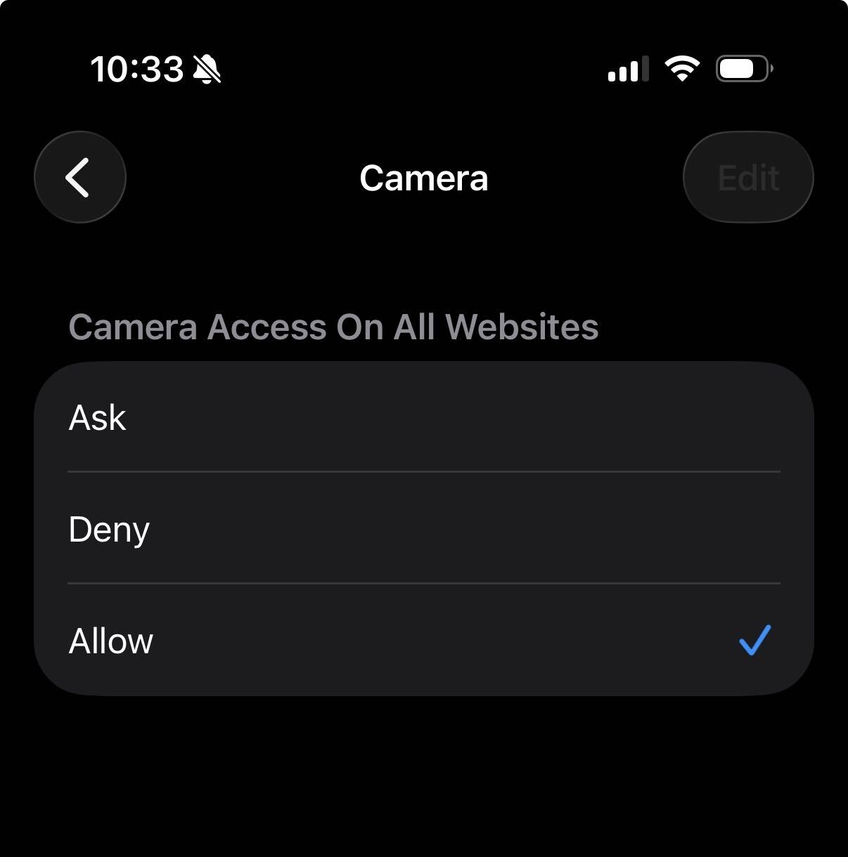iPhone Camera permission set to Allow