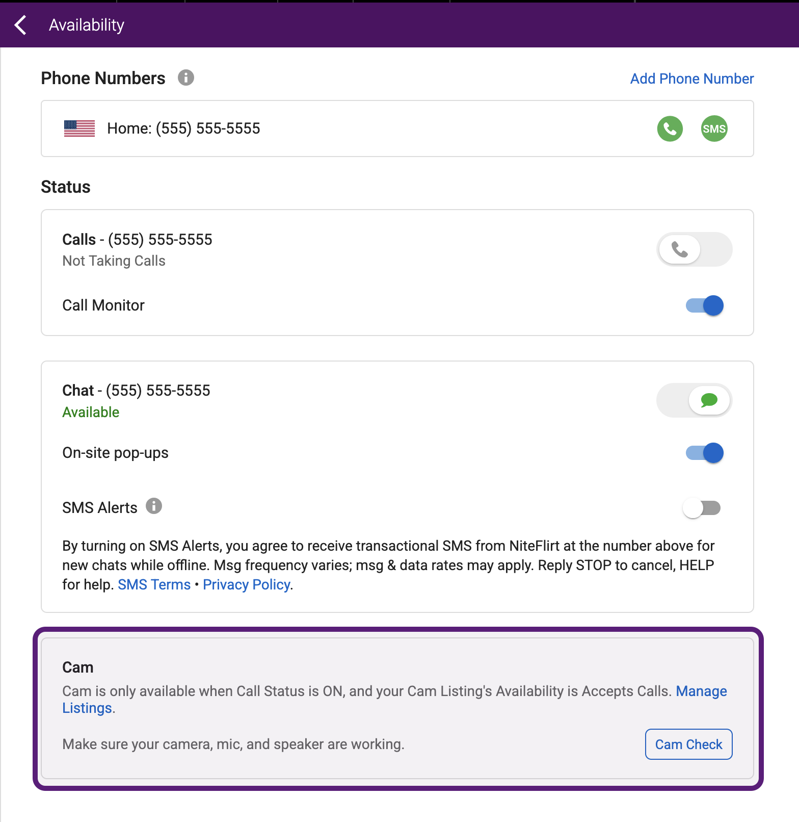Cam Check option in Account Availability
