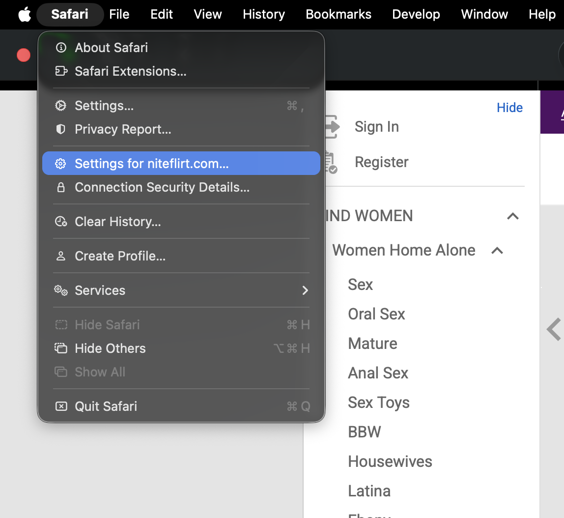 Safari Menu Settings for this Website