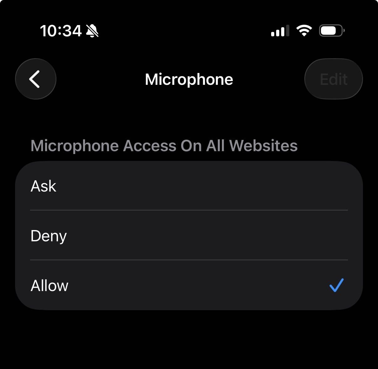 iPhone Microphone permission set to Allow