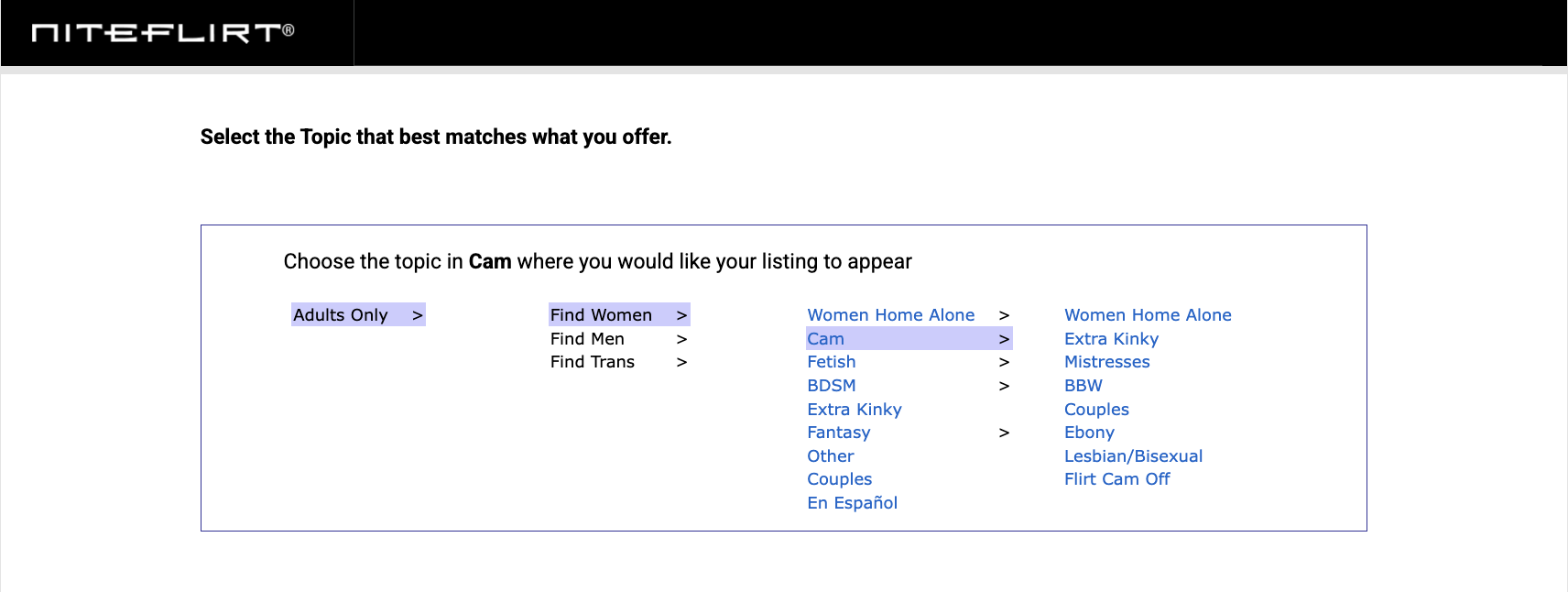Topic selection screen