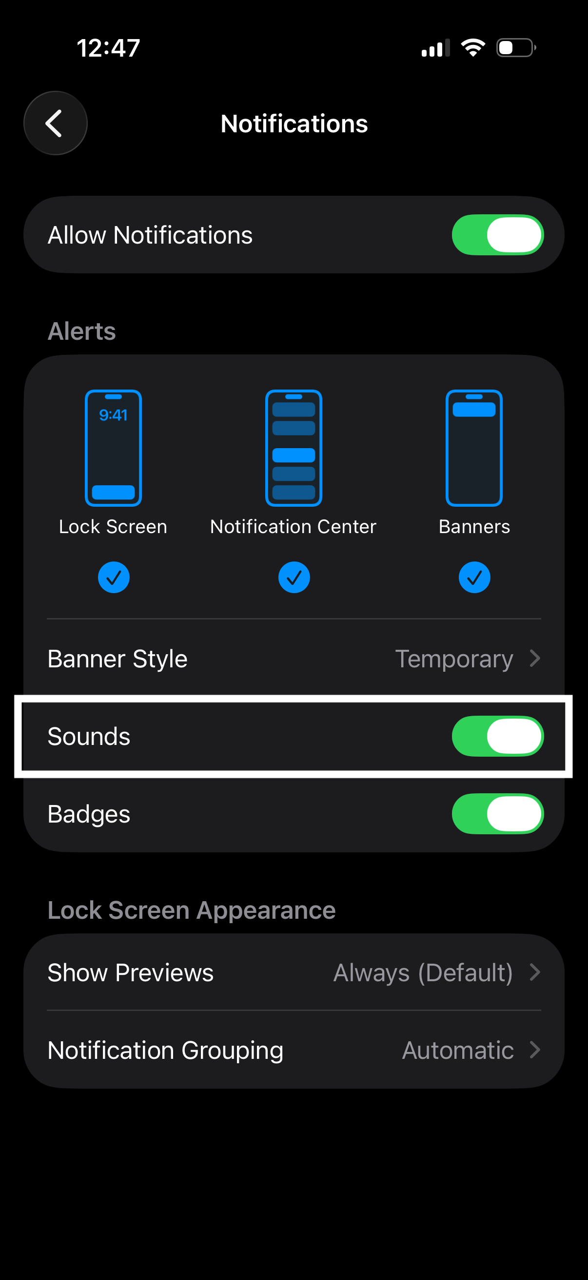 NiteFlirt notification settings on iPhone with Sounds enabled