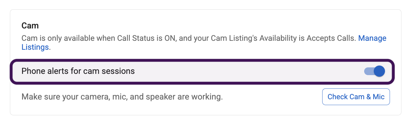Phone alerts for Cam Sessions setting in Account Availability