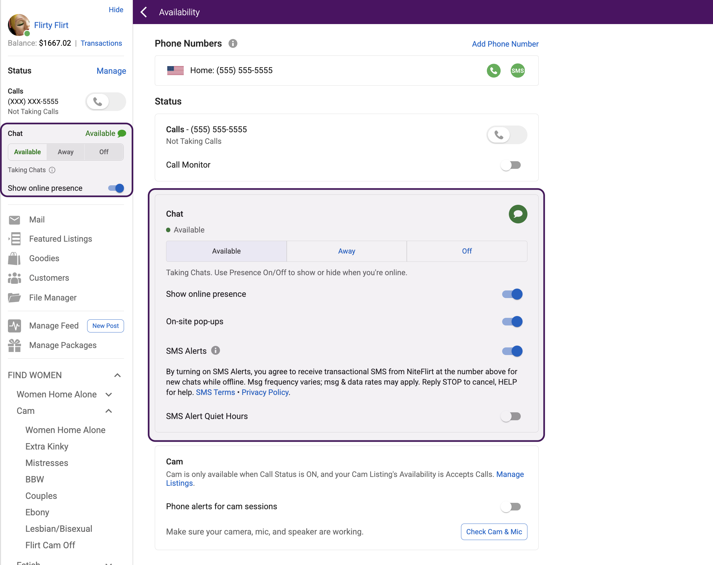 Chat Status options on side navigation panel and Availability page